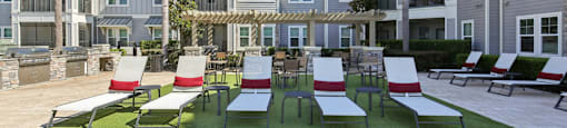 Lounge chairs arranged near palm trees by the pool at Lotus at Starkey Ranch in Odessa, Florida.