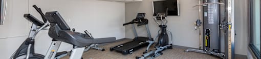 Two-Bedroom Apartments in North Mountain Village, Phoenix, AZ - Ardella on 28th - Fitness Center with Cardio Machines, Weight Equipment, Wood Floor, a TV, and a Window