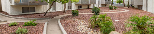 One Bedroom Apartments in Phoenix, AZ - Adrella on 28th - Walkway with Green Trees and Landscaping Rocks.