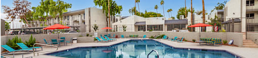 Studio Apartments in Phoenix, AZ - Adrella on 28th - Resort-Style Pool with Lounge Chairs, Tables, and Palm Trees.