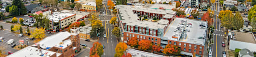 A cityscape with buildings and trees in autumn colors.