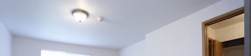 A room with a window, carpet, and a door.