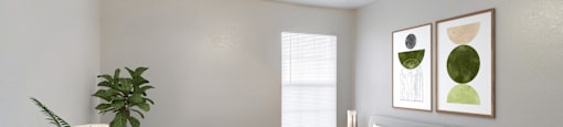 an empty bedroom with a bed and a ceiling fan