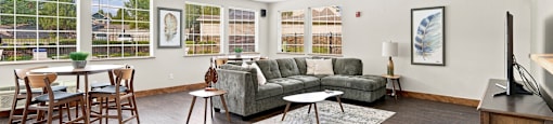 A living room with a grey couch, a wooden table and a television.