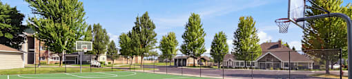 A basketball court with a green surface and white lines.