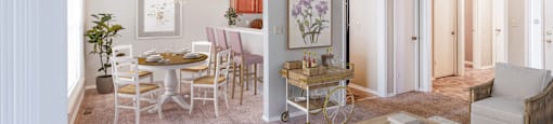a living room and dining room with a table and chairs