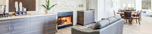 A modern living room with a grey sofa and a fireplace.