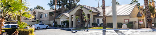 A senior living sign is in front of a building with palm trees.