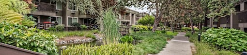 Apartments for Rent Santa Clara - Hidden Lake - Scenic Walkway Surrounded by Lush Greenery and Trees.
