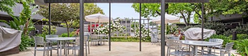 Fremont CA Apartments for Rent - Logan Park - Outdoor BBQ Area with Grilling Stations and Dining Tables Shaded by a Pergola