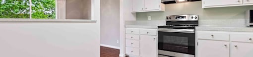 a kitchen with white cabinets and a stove and a ceiling fan