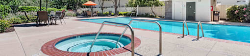 Two Bedroom Apartments in San Jose CA - Los Gatos Creek - Pool and Spa with Covered Seating Areas and Lush Landscaping