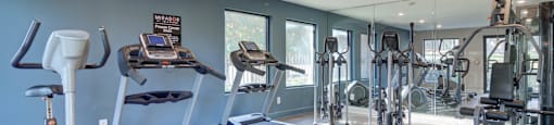 Fully equipped fitness center at Mirador at Idlewood featuring cardio machines, free weights, and strength training equipment.