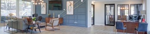Leasing office area at Mirador at Idlewood in Clarkston, Georgia, with a welcoming reception desk and professional workspace for resident services.