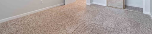 Two-Bedroom Apartments in Gilroy, CA - Mission Park - Unfurnished Bedroom with Carpeted Flooring, Large Closet, Sliding Mirror Doors with Gold Trim, Soft Grey Walls, and Overhead Light.