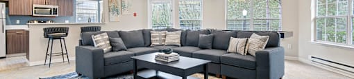 A modern living room with a grey sofa and a coffee table.