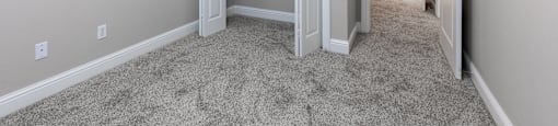 A room with a carpeted floor and a white door.