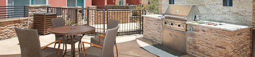 2-Bedroom Modern Apartments In San Rafael, CA - Rafael Town Center - BBQ Area With Viking BBQ Grill, Tables, And Chairs Under Shade.