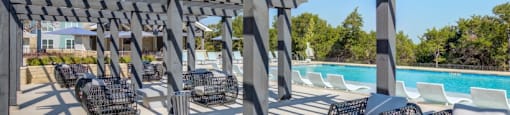 Georgetown, Texas Apartments - Williamson at The Overlook - Poolside Lounge Area with Multiple Chair Seating Areas Under Pergola