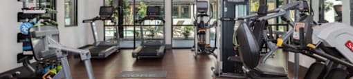 Apartments for Rent in Santa Clara, CA - Santana Terrace - Fitness Center with Wood-Style Flooring, Ceiling Fans, Floor-To-Ceiling Windows, Cardio Machines, and Strength Training Machines