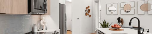 A modern kitchen with white countertops and wooden cabinets at The Laura apartment complex in Houston, TX