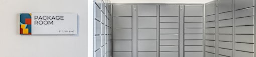 a large row of lockers in a room with a sign on the wall that says package