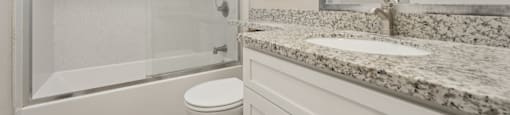 a bathroom with a shower toilet and sink