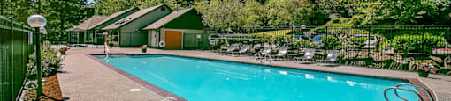 A pool surrounded by trees and a fence with a flower pot in the foreground.