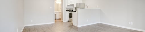 a spacious living room with a kitchen in the background