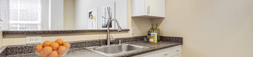 A kitchen with a black dishwasher and a bowl of oranges on the counter.