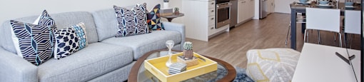 Apartments in Beaverton for Rent - Westline - Open Concept Living Room with Wood-Style Flooring and Attached Kitchen & Dining Area