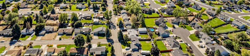 an aerial view of a neighborhood with houses and trees