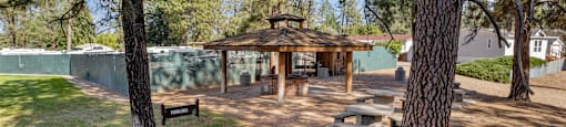 a picnic area with a picnic table and a gazebo