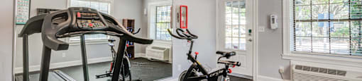 a home gym with a treadmill and exercise bike