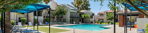 Swimming pool and spa at Sono Tempe Apartments in Tempe, Arizona surrounded by palm trees and community seating.
