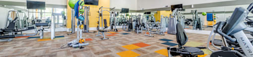 Fully equipped fitness center at Sono Tempe Apartments in Tempe, Arizona with cardio machines and strength equipment.
