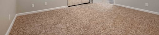 One-Bedroom Apartments in Milpitas, CA - Spring Valley - Spacious Carpeted Bedroom with Soft Grey Walls, Window, Large Closet with Sliding Mirror Doors, and Ceiling Fan.