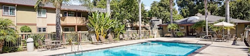 Apartments Near Fremont Central Park - Lincoln Glen - An exterior shot of the resort-style pool, featuring palm trees, umbrellas, and pool chairs