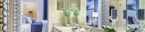 Spacious bathroom with long countertop at Grande Club apartments in Duluth, GA 30096, near Lawrenceville.