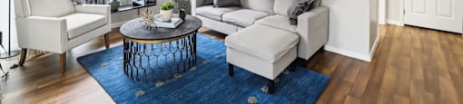 A living room with a white couch, a blue rug, and a painting on the wall.