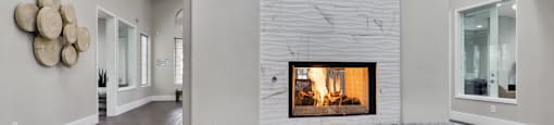 A modern living room with a fireplace and wooden floors.