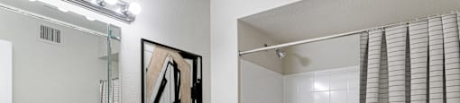 Bathroom with tub, shower, and large mirror at Sagewood at Westchase apartments in Houston, Texas.