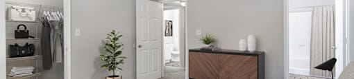 Bedroom with large closet at Sagewood at Westchase apartments in Houston, Texas.
