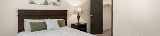 a bedroom with a bed and a closet