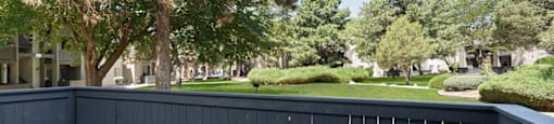 a black fence in front of a yard with trees