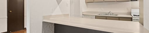 a kitchen with a counter top and a door