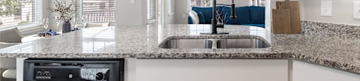 A modern kitchen with a granite countertop and a dishwasher.