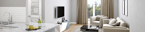 a rendering of a living room with a kitchen and a television