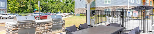 a patio with a table and chairs and a grill