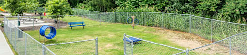 a park with a fenced in play area and benches